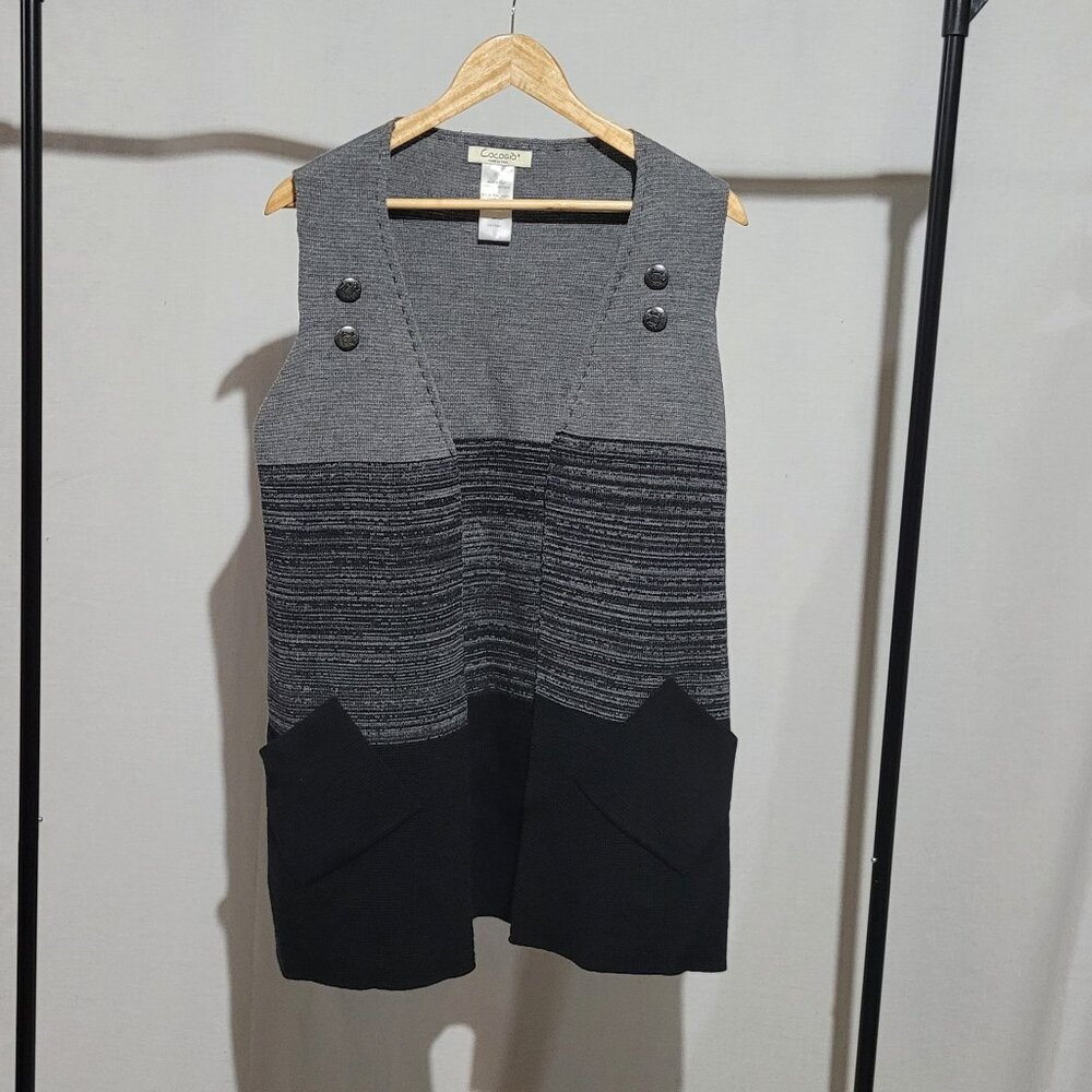 Cocogio sweater maxi vest merino wool cardigan black grey stripes color block
